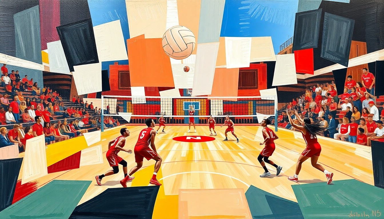A fragmented, geometric painting depicting a volleyball player in motion, with sharp planes of red and white colors representing the Nebraska Cornhuskers' uniform.