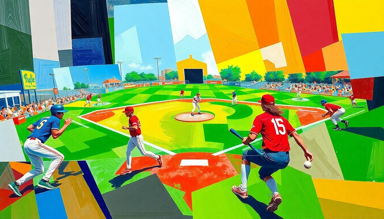 A fractured, cubist-style painting depicting the dynamic action of a softball game, with sharp geometric shapes and vibrant colors representing the energy and intensity of the competition.