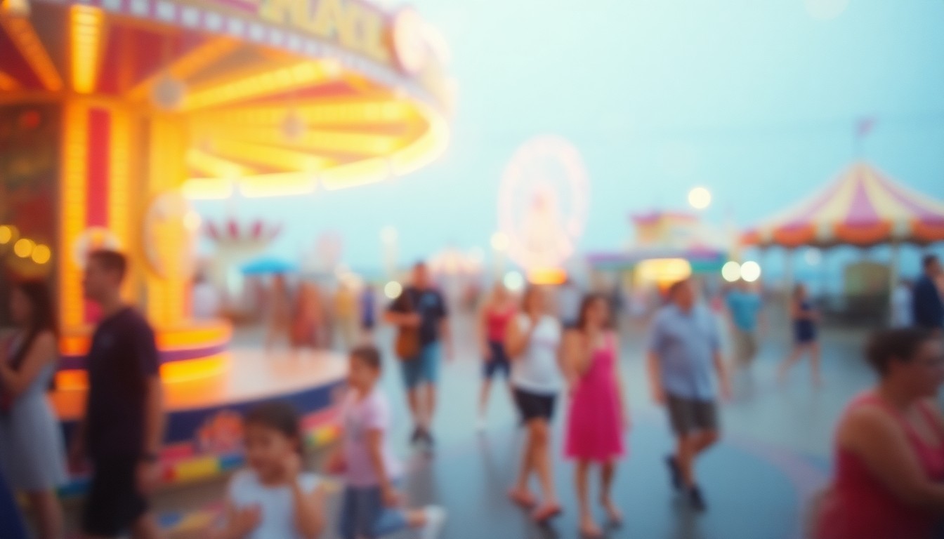 An impressionistic, out-of-focus scene of people enjoying the rides and attractions at Belmont Park, with blurred figures and vibrant, warm colors creating a dreamlike, nostalgic atmosphere.