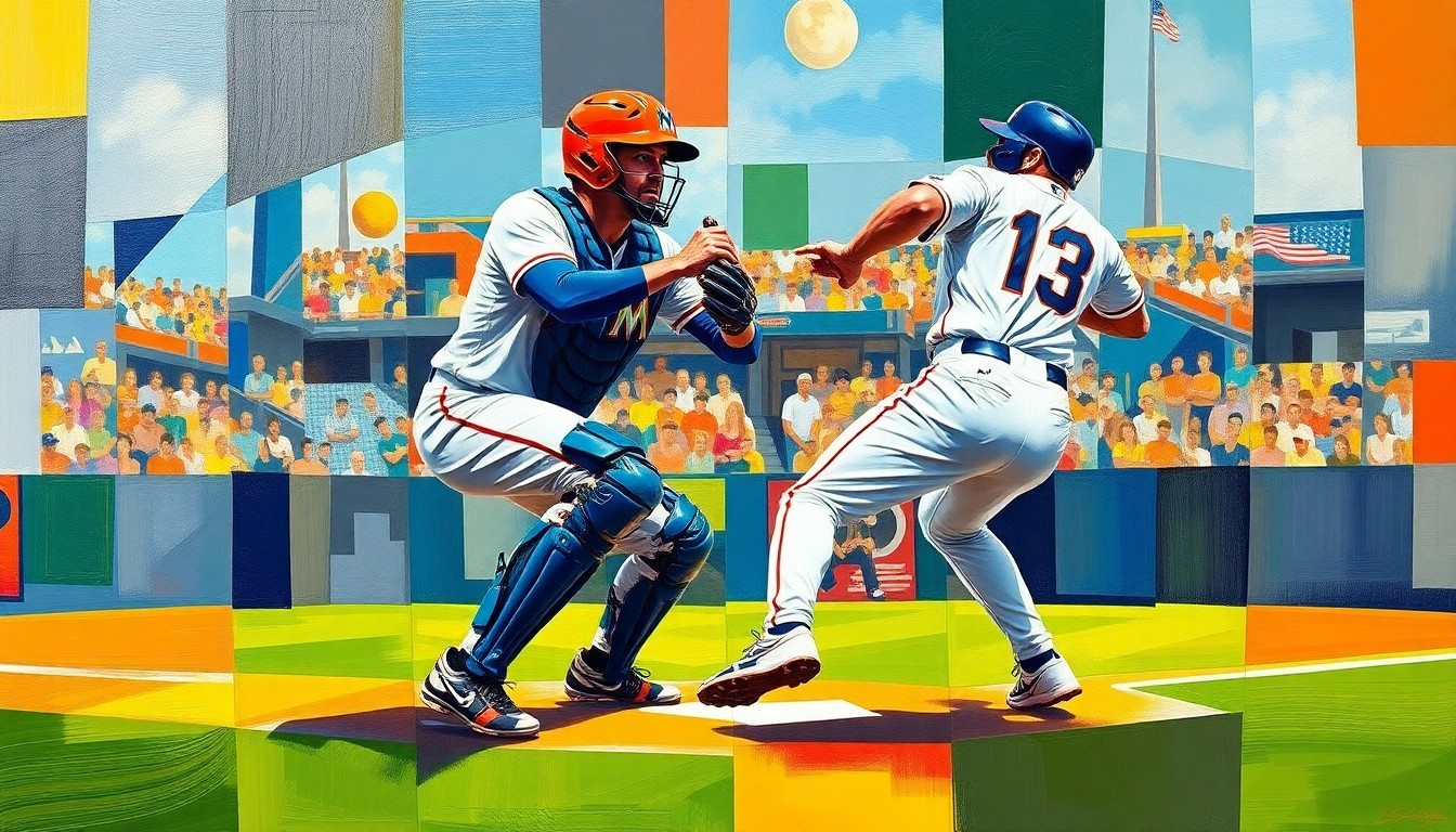 A cubist, fragmented illustration depicting the motion of a baseball catcher squatting and throwing, with the vibrant colors of the Marlins and Tigers uniforms breaking apart into overlapping geometric shapes.