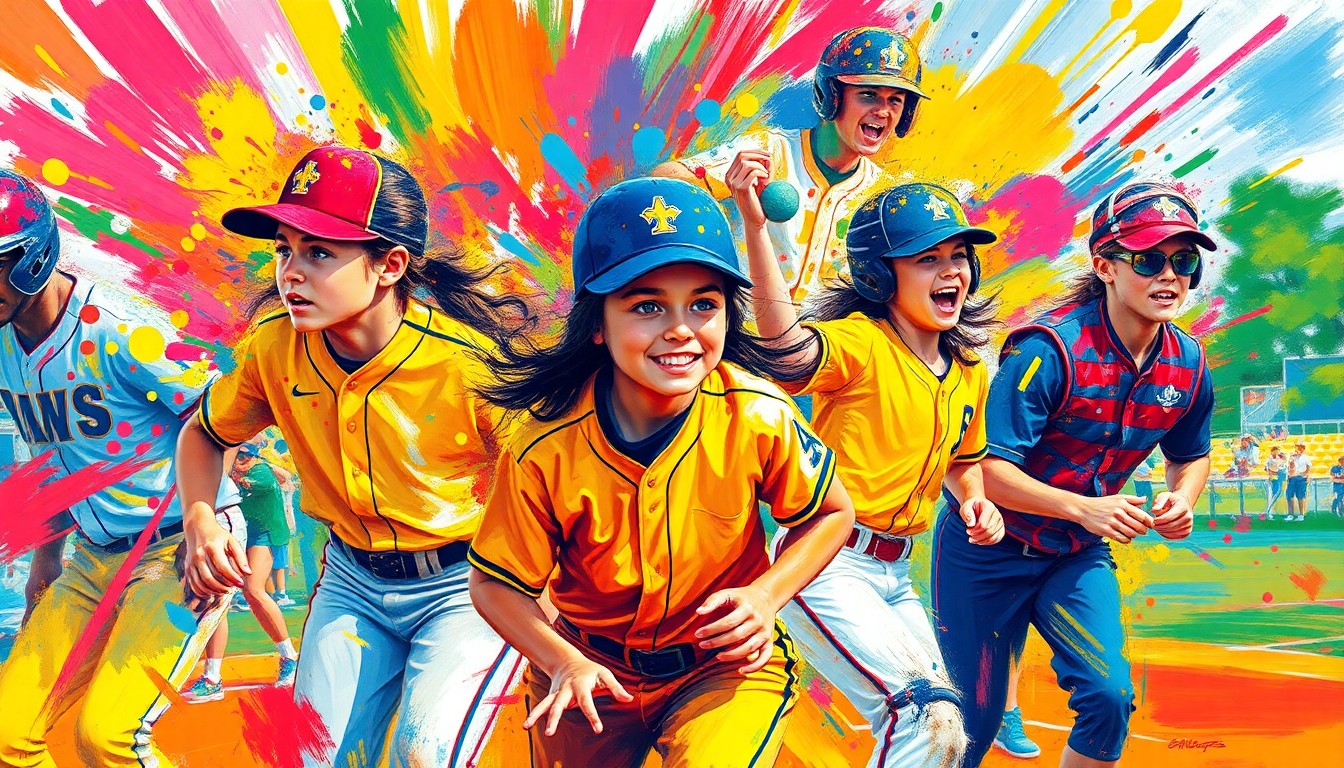 An abstract, expressionist painting in neon colors depicting the dynamic motion and chaos of a high school softball game, with players' forms dissolving into vibrant brushstrokes.