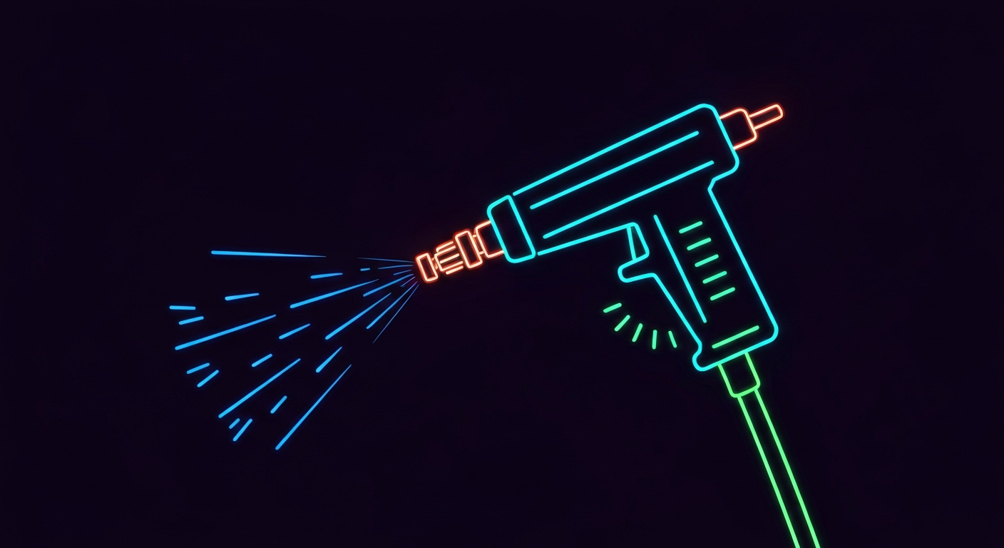 A glowing, vibrant neon outline of a pesticide spray nozzle against a dark background, conceptually representing the use of PFAS chemicals in California agriculture.