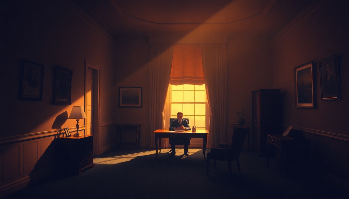 A solitary figure sits alone in a dimly lit West Wing office, the warm glow of sunlight casting deep shadows across the room, conveying a sense of uncertainty and unease about the potential abuse of presidential pardons.