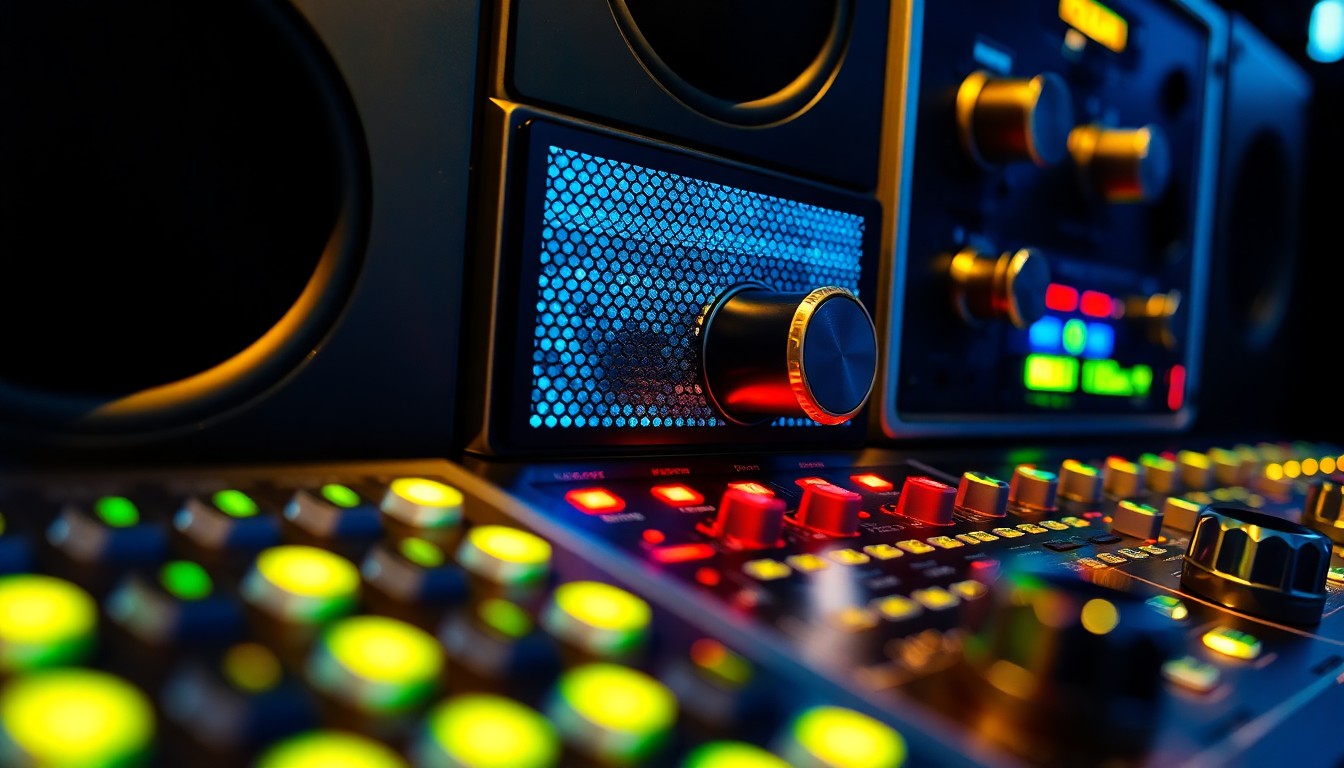 An extreme close-up of various electronic music equipment textures, including LED panels, speaker grilles, and metallic knobs, captured in dramatic, high-contrast studio lighting to create a glamorous, high-fashion aesthetic that conceptually represents the energy and evolution of Subtronics' Coachella performance.