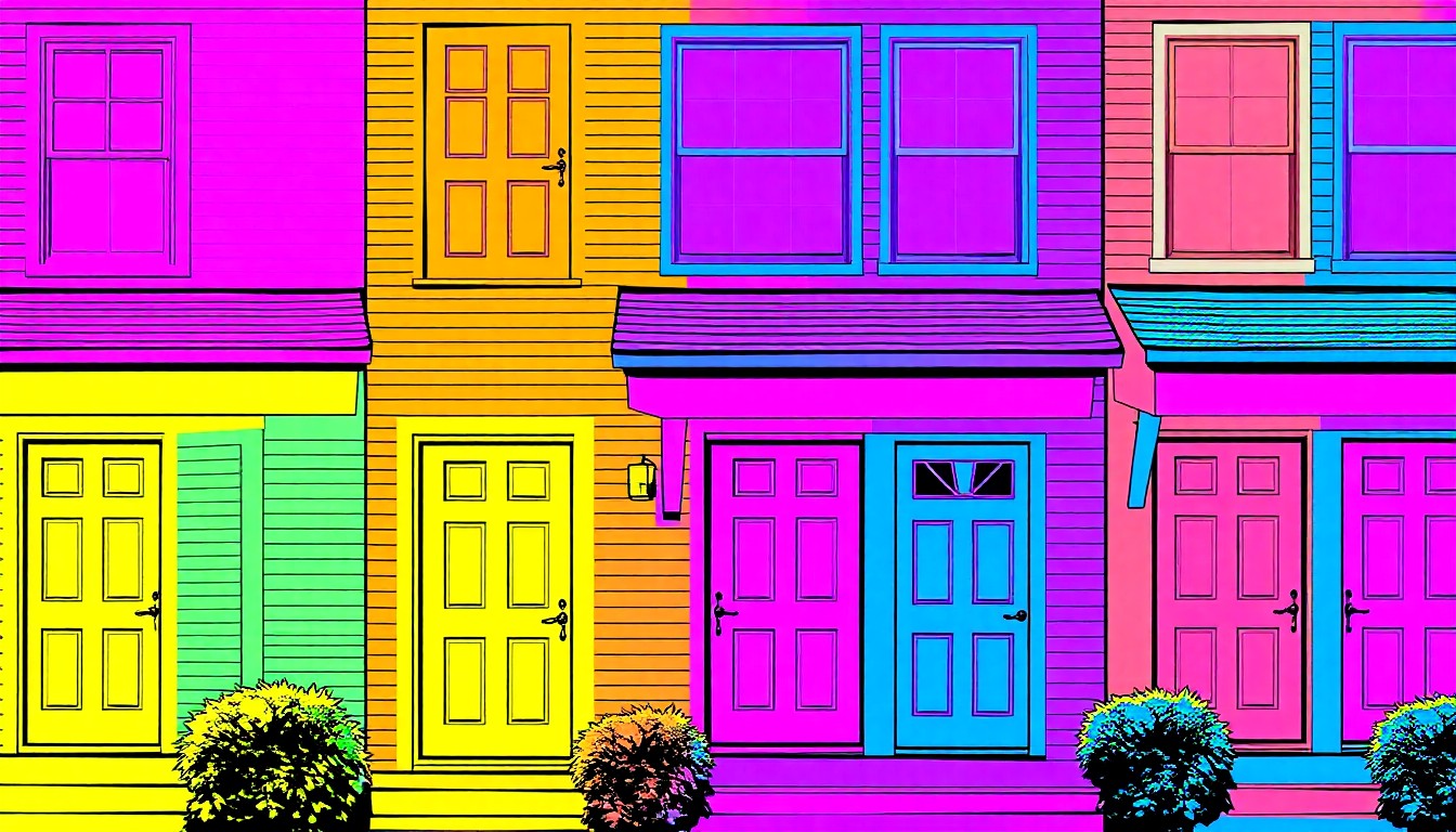 A brightly colored, high-contrast silkscreen print of a single, iconic architectural detail from a luxury home, repeated in a tight grid pattern to create a modern, abstract pop art composition.