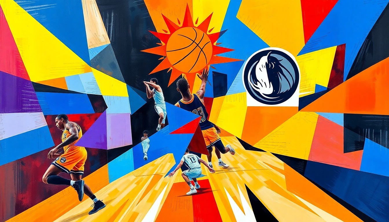A cubist, geometric painting depicting a basketball game between the Phoenix Suns and Dallas Mavericks, with the players and court fragmented into overlapping planes of bright colors and sharp angles.