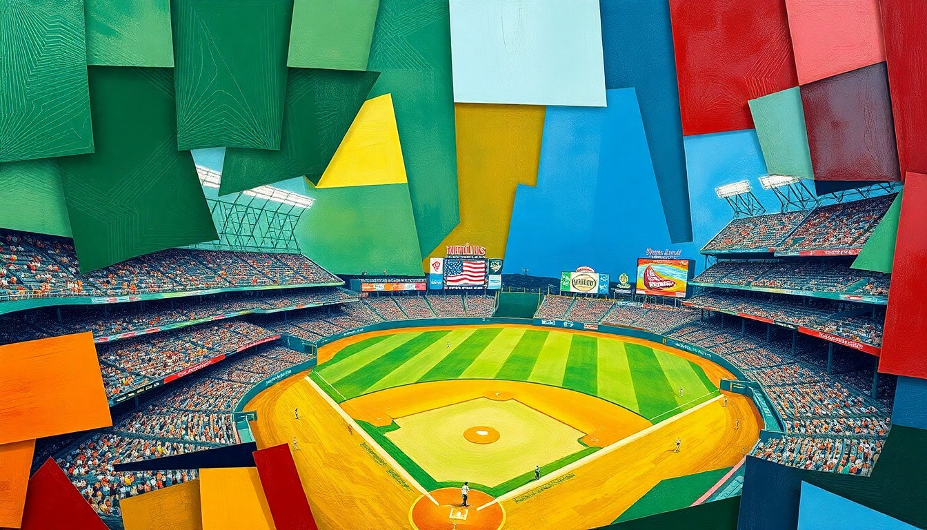 A fractured, multi-perspective painting featuring overlapping geometric shapes and planes in the official team colors of the Midland RockHounds and Frisco RoughRiders, conceptually representing the dynamic action of a minor league baseball game.