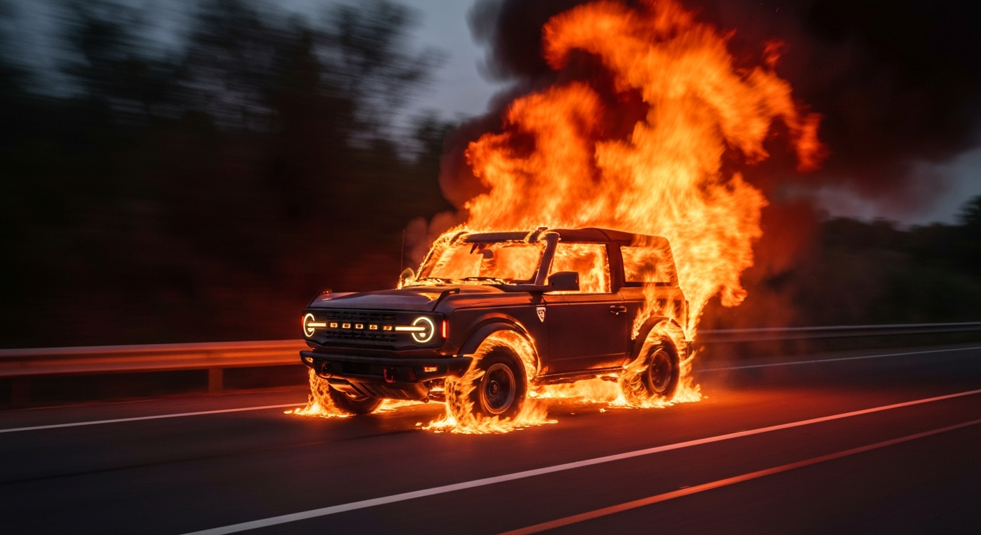 An abstract, impressionistic image of a burning Ford Bronco SUV on the highway, with streaks of orange, red, and black flames conveying the chaos and danger of the vehicle fire.