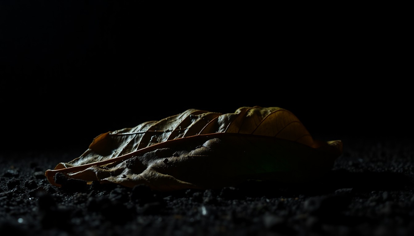 An extreme close-up photograph of a crumpled leaf on the ground, partially obscured by dirt and debris, conveying a sense of the gritty, investigative nature of this crime incident.
