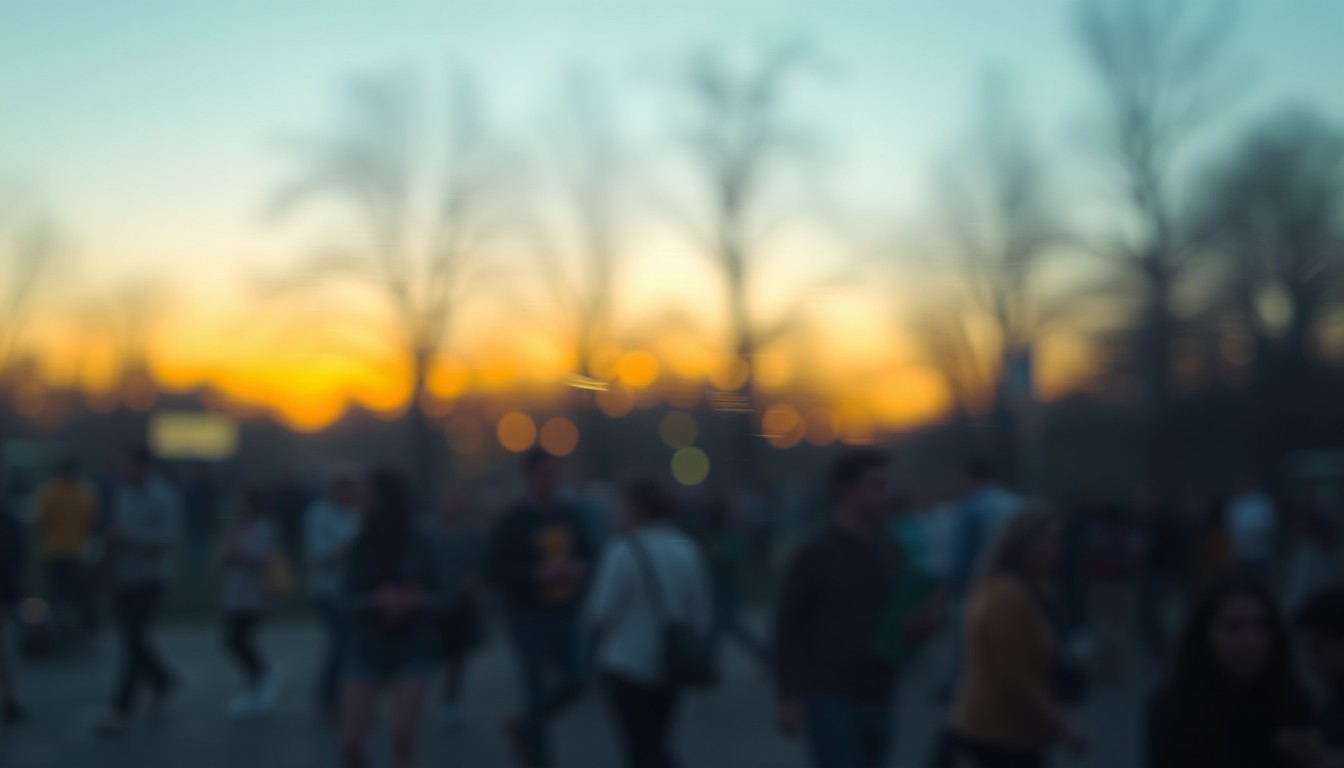 An impressionistic, out-of-focus scene of people gathered in a park at dusk, with soft pools of warm light creating a dreamlike, atmospheric mood that evokes the experience of attending a live outdoor theater performance.