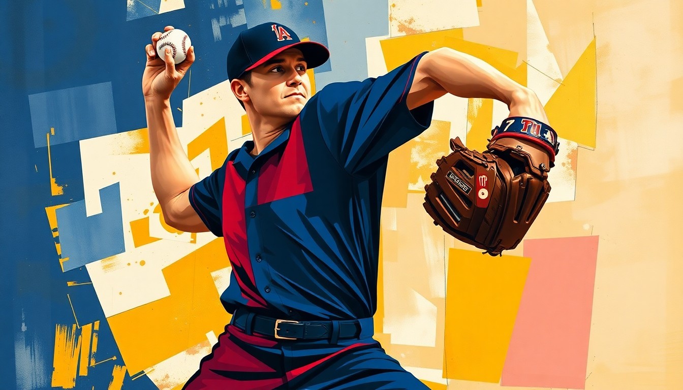 A fragmented, geometric painting depicting the motion of a baseball pitcher's throwing arm, with sharp planes of navy, crimson, and gold colors conveying the physical intensity of the sport.