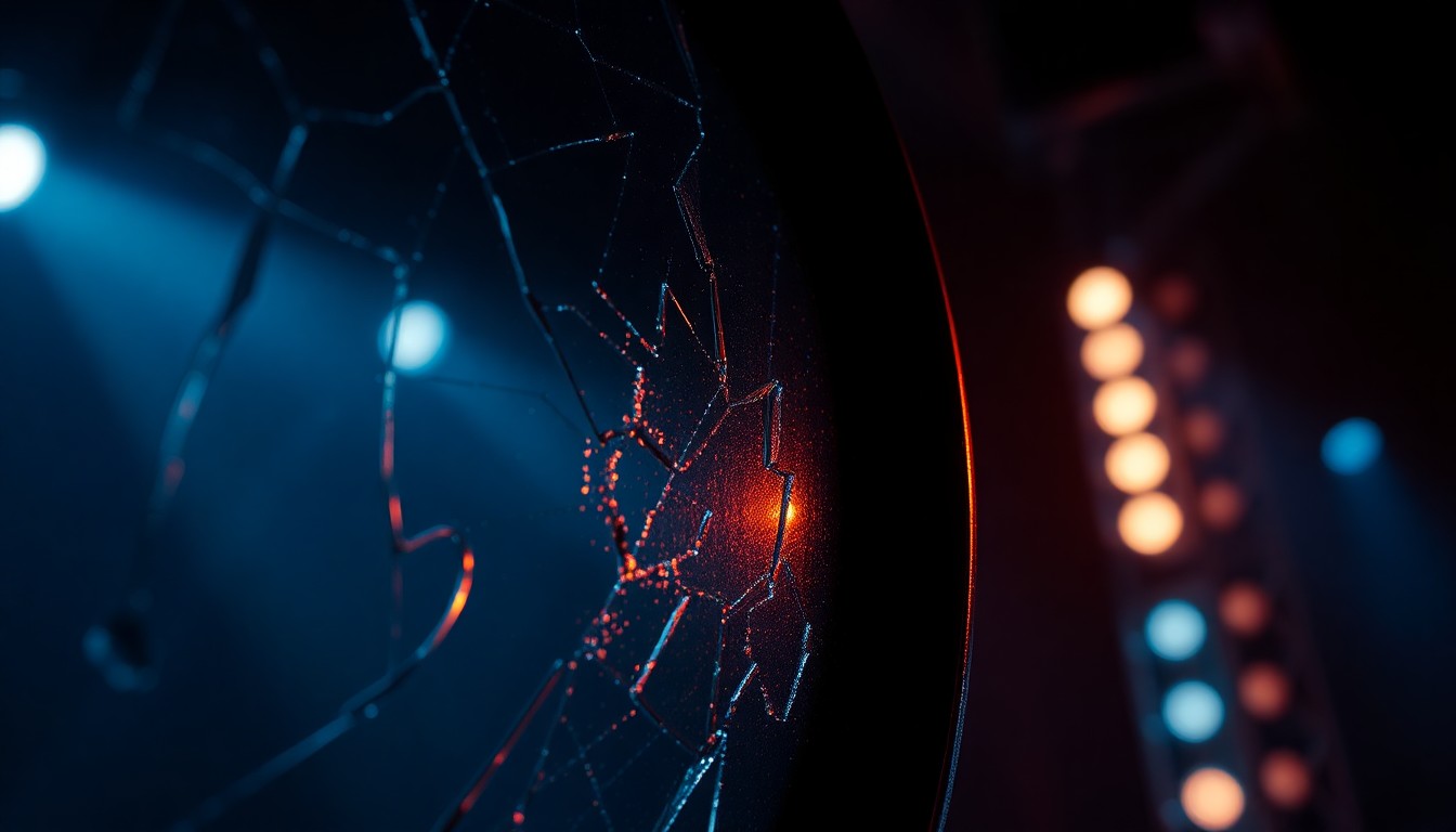 An extreme close-up photograph of a cracked and shattered mirror reflecting a dim stage light, capturing the gritty energy and anticipation of a live music performance.