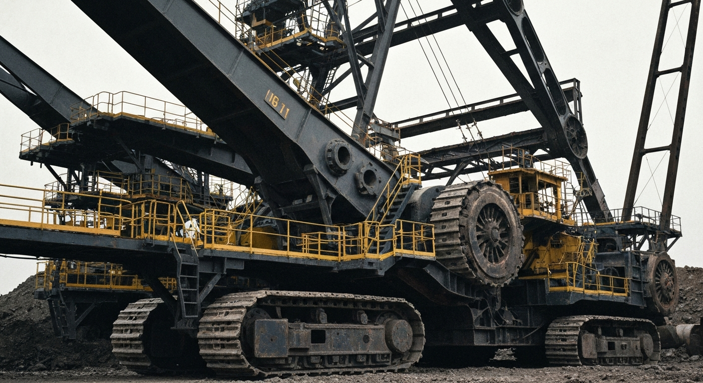 An extreme close-up of rugged, industrial mining equipment in shades of gray and black, conveying the physical scale and power of extracting precious metals from the earth.