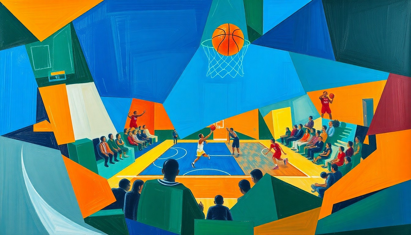 A cubist, geometric painting depicting a fragmented basketball game, with sharp planes of color representing the players and action on the court.