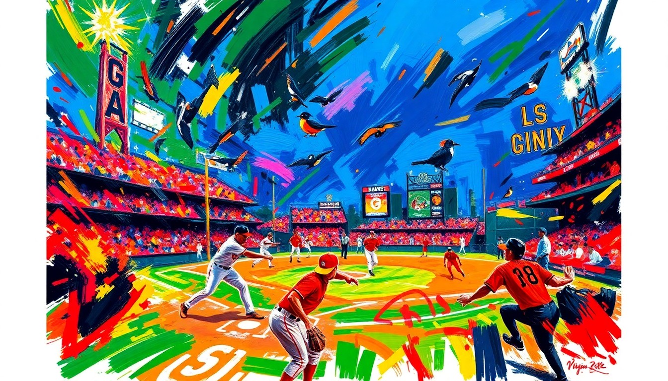 An abstract, expressionist painting in vibrant neon colors, with rapid brushstrokes conveying the dynamic energy and action of a baseball game between two teams.