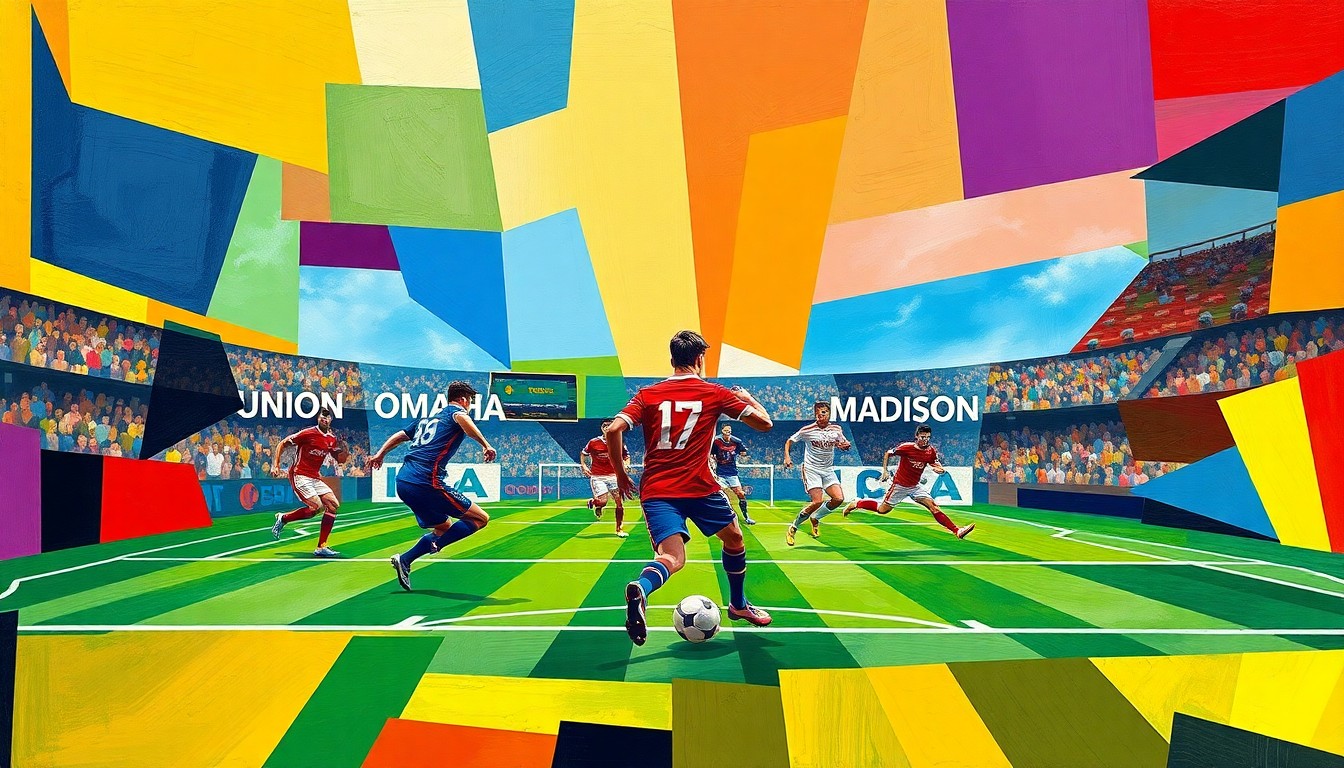 A fractured, geometric painting depicting the dynamic action of a soccer match, with players and the field rendered in sharp, overlapping planes of color.