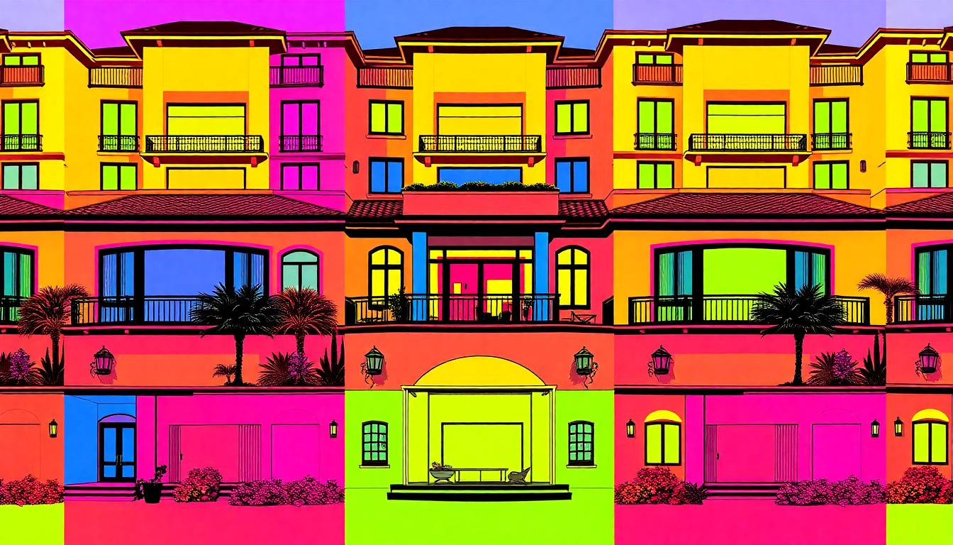 A brightly colored, high-contrast silkscreen print of a luxury home exterior, repeated in a tight grid pattern, capturing the modern and stylized essence of this custom-built residence.