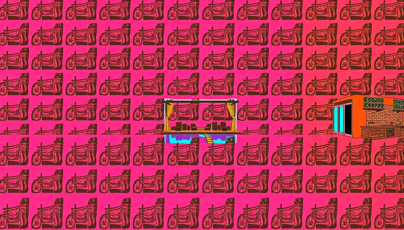 A vibrant, high-contrast silkscreen print of a luxury outdoor kitchen appliance repeated in a grid pattern, conceptually representing the flexible opportunities of the Austin property.