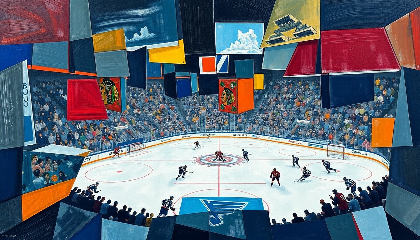 A fragmented, geometric painting depicting the dynamic movements and energy of a hockey game, with players and the rink deconstructed into sharp, angular shapes and planes.