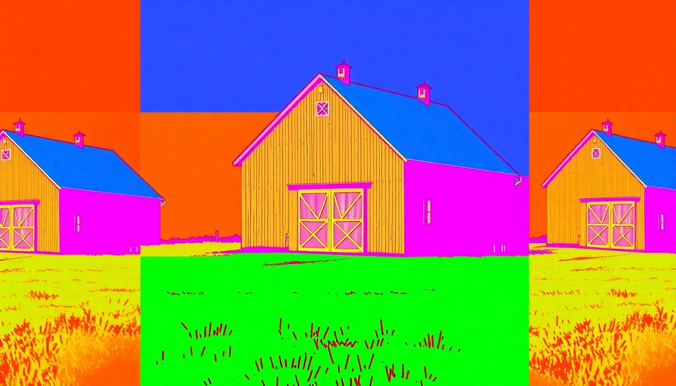 A brightly colored, high-contrast silkscreen print of a classic white farmhouse barn, repeated in a tight grid pattern, capturing the property's blend of timeless charm and modern appeal.