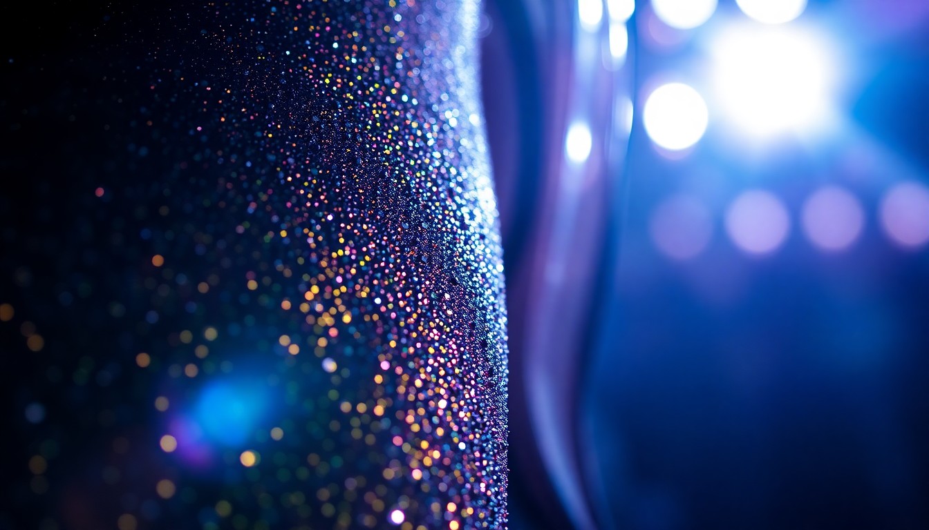 An extreme close-up photograph of shimmering, glittering makeup textures in dramatic high-contrast studio lighting, capturing the glamour and luxury of Sabrina Carpenter's Coachella performance.