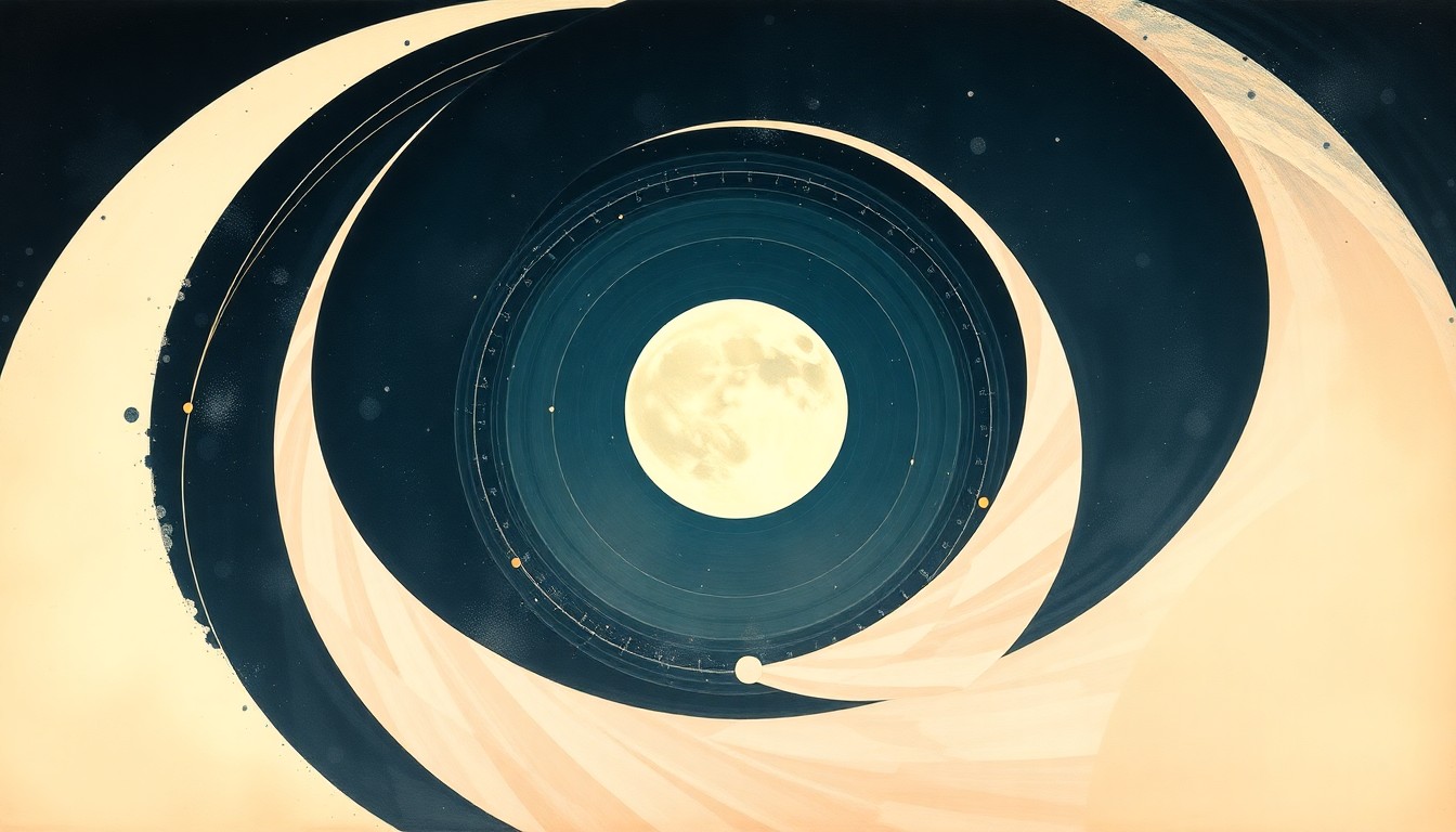 A highly structured abstract painting in soft, flat colors depicting sweeping geometric arcs, concentric planetary circles, and precise spirals, conveying the structural order of the universe without using any text or symbols.