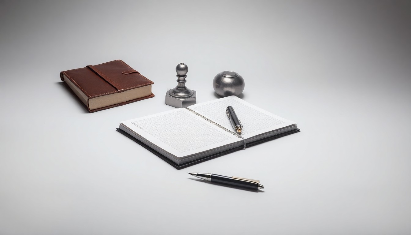 A carefully composed still life photograph featuring a leather-bound ledger, a solid metal paperweight, and a sleek fountain pen arranged on a clean, monochromatic background, conveying a sense of corporate strategy and financial analysis through the use of premium, symbolic objects.