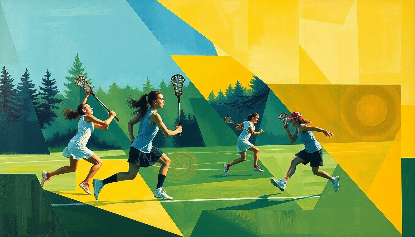 A cubist, geometric painting depicting a girls lacrosse game, with overlapping planes of green, blue, and yellow representing the dynamic action and energy of the match.
