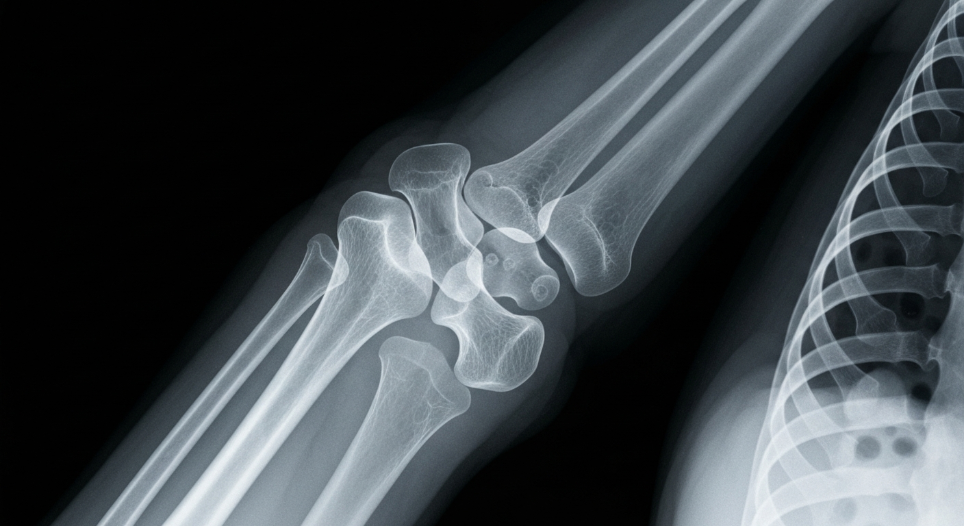 A ghostly, translucent X-ray photograph revealing the intricate internal structure of a broken elbow joint, conceptually representing the resilience and determination of legendary actress Ann-Margret.