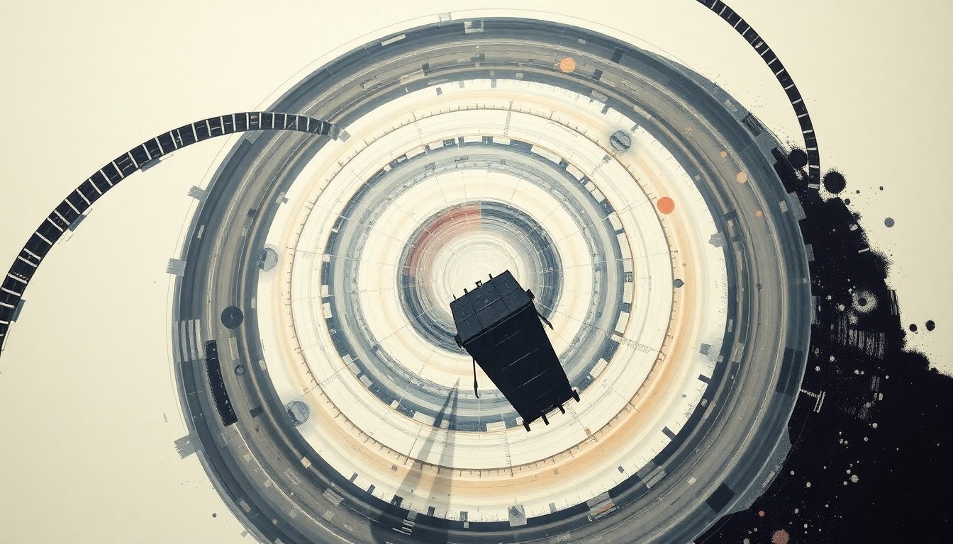 A bold, highly structured abstract painting in muted tones featuring sweeping geometric arcs, concentric circles, and precise spirals, conceptually representing the complex scientific processes behind a cargo spacecraft launch to the International Space Station.