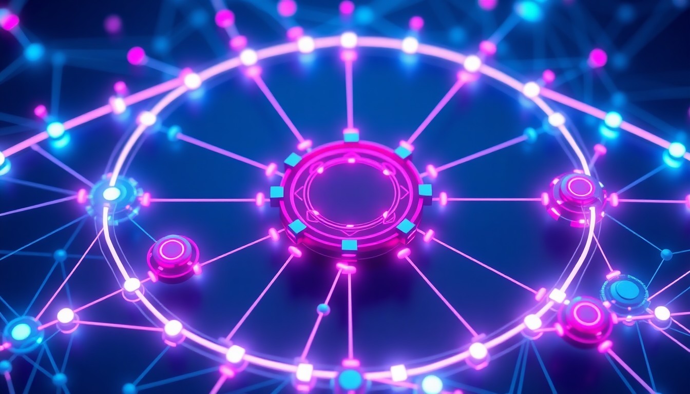 A highly detailed, glowing 3D illustration of a decentralized finance protocol's core infrastructure, with neon cyan and magenta lights illuminating the complex web of interconnected smart contracts and blockchain nodes, conceptually representing the debate over regulating DeFi developers.