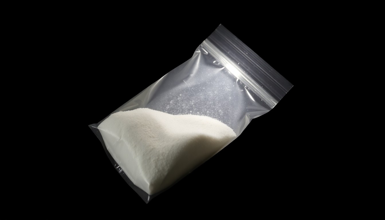 An extreme close-up photograph of a small plastic bag containing white powder, lit by a harsh camera flash against a pitch-black background, conceptually representing the evidence in a drug trafficking case.