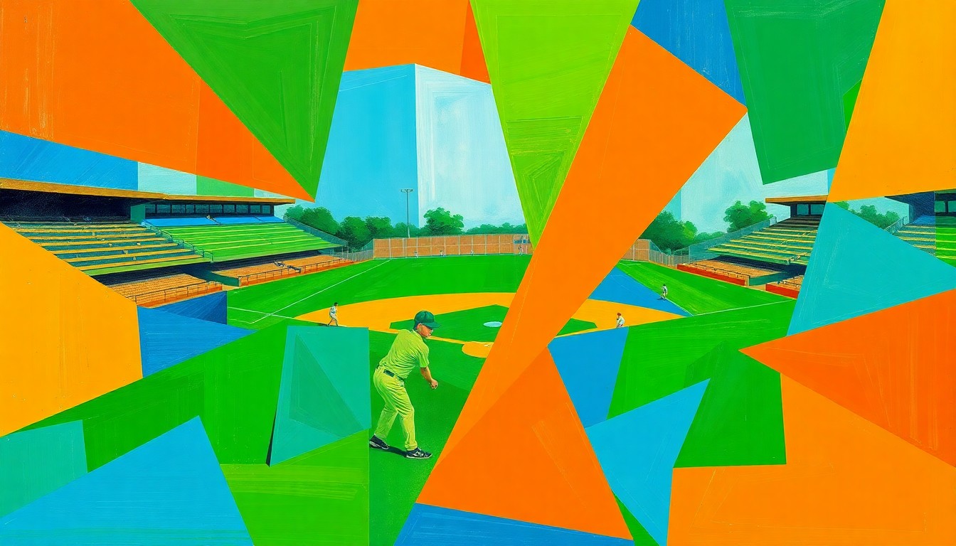 A fragmented, geometric painting in vibrant shades of green, blue, and orange, depicting the action and movement of a high school softball game through an abstract, multi-angled perspective.