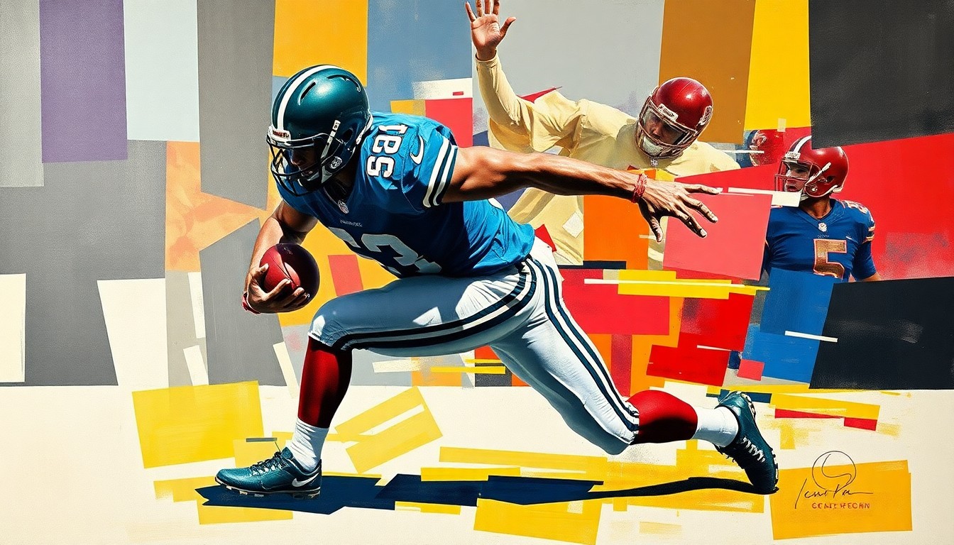 A cubist-style painting depicting an NFL linebacker in motion, with their body broken down into sharp, overlapping geometric shapes and planes, conceptually representing the complex personal journey of an adopted athlete searching for his birth family roots.