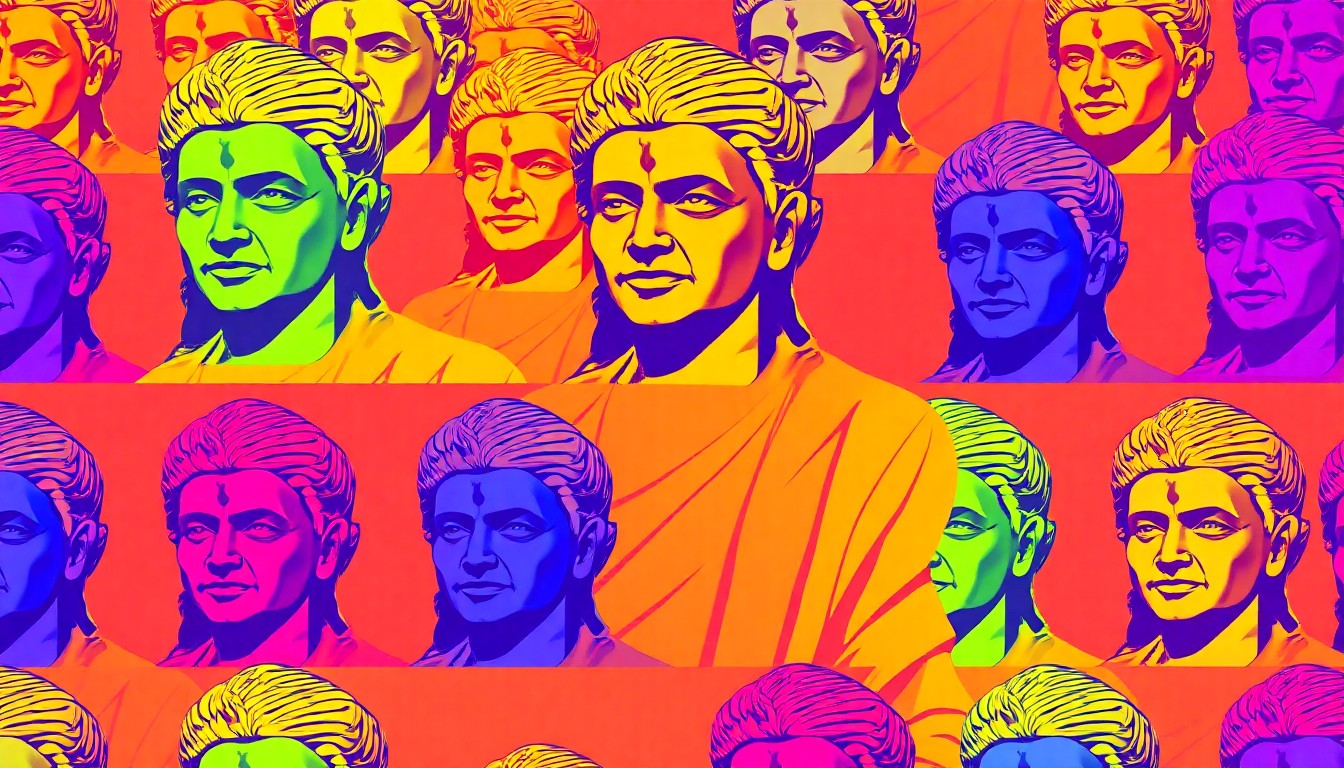 A brightly colored, high-contrast silkscreen print of a statue of Swami Vivekananda, repeated in a tight grid pattern, conceptually representing the modern pop art celebration of the statue's unveiling in Seattle.