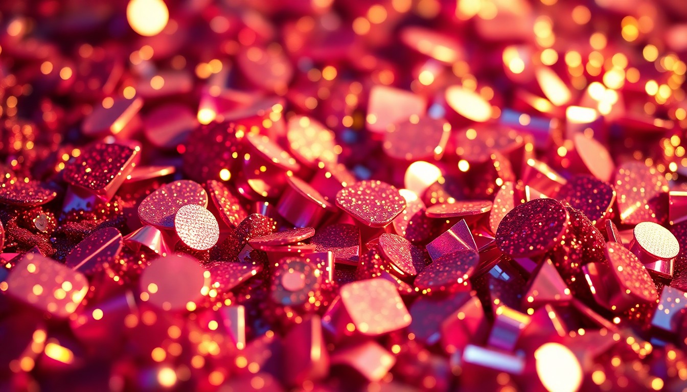 An extreme close-up photograph of sparkling, reflective sequins and shattered disco ball fragments, capturing the glitz and glamour of the Coachella music festival.