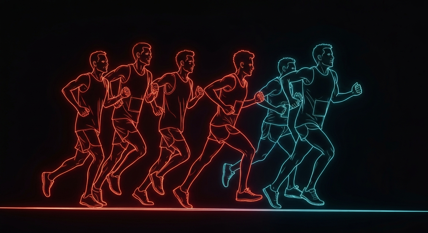 A minimalist design in the style of Keith Haring, with glowing neon lines outlining runners in motion against a dark background, conceptually representing the energy and community spirit of the Fools Five road race.