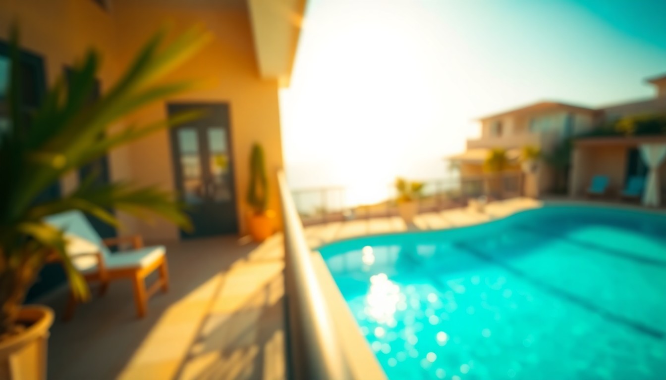 An extremely abstracted, out-of-focus photograph in warm, soft tones depicting a balcony overlooking a sparkling pool, with hints of greenery and architectural details, conveying a sense of peaceful luxury.