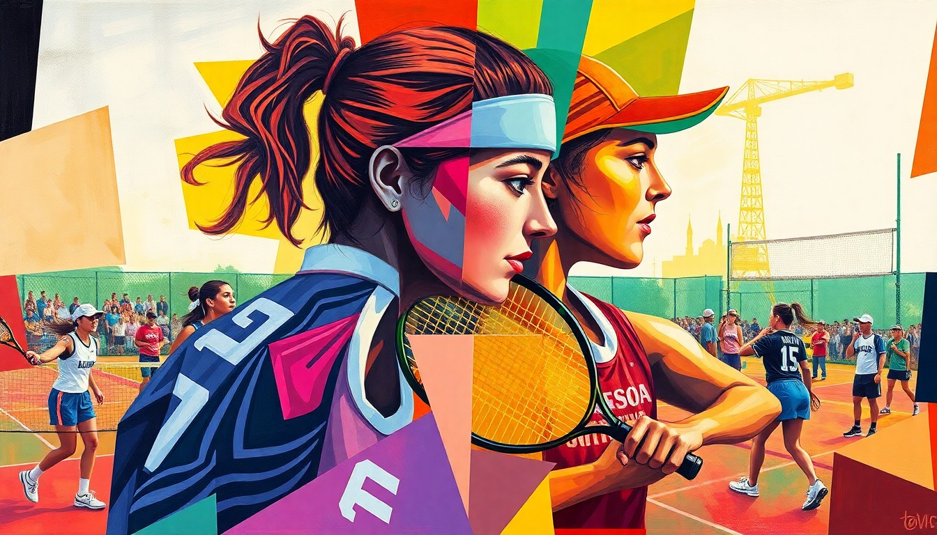 A cubist, geometric painting depicting a women's tennis match, with overlapping planes of color representing the players and court. The vibrant colors of the teams' uniforms are the focal point, conveying the energy and intensity of the competition.
