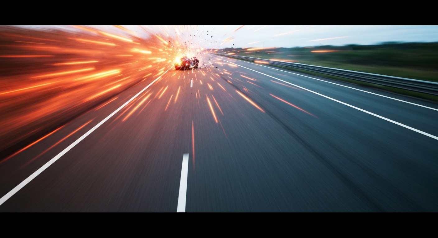 An abstract, sweeping blur of vibrant red and orange brushstrokes conveying the frantic motion and disruption of a highway accident scene.