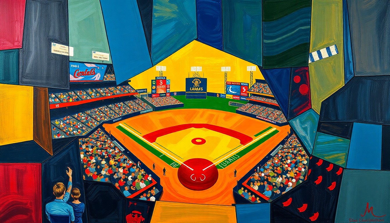 A cubist, geometric painting depicting a baseball game in motion, with sharp, overlapping shapes and planes of color representing the dynamic action on the field.