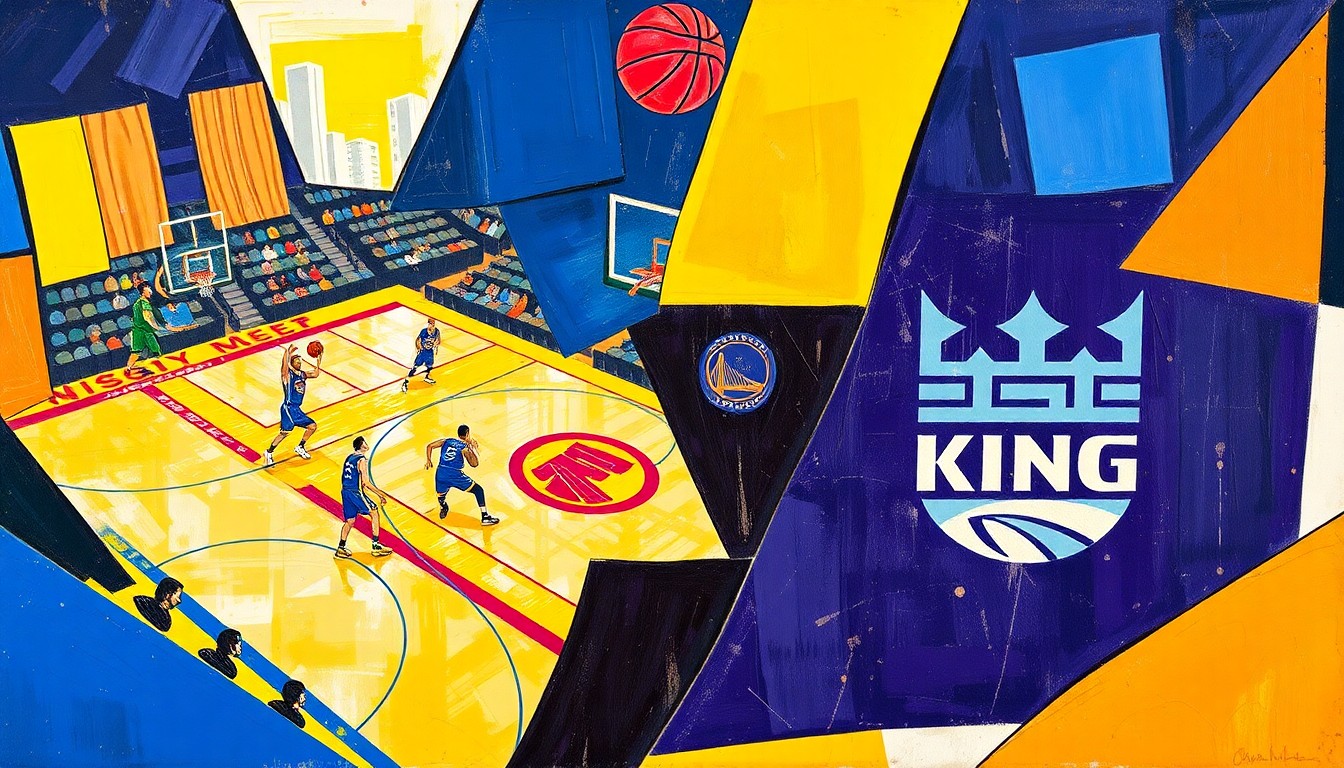 A cubist, geometric painting depicting a basketball game, with players and the court broken down into sharp, overlapping shapes and planes of color, capturing the energy and movement of the sport.