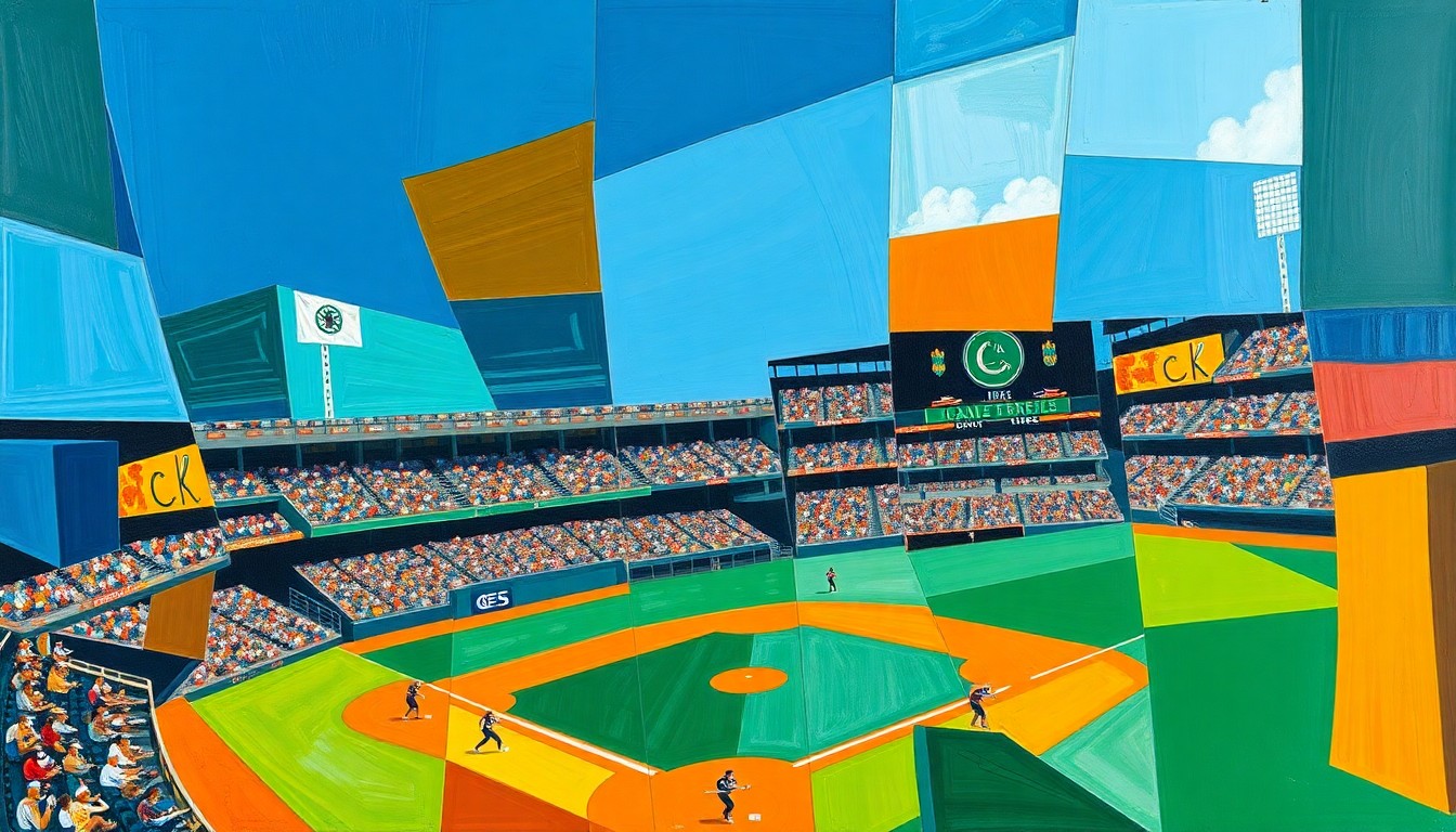 A fragmented, geometric painting depicting various baseball actions and players in a cubist style, using bold colors and sharp, overlapping shapes to convey the excitement of the game.