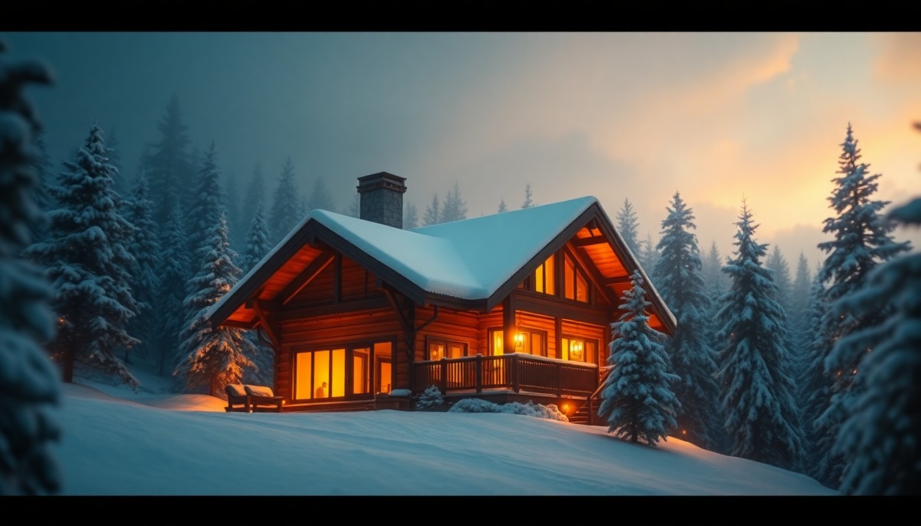 An extremely abstracted, out-of-focus photograph of a cozy mountain cabin surrounded by trees, with warm pools of light and color creating a dreamy, atmospheric mood that evokes the tranquility and natural beauty of the Truckee region.