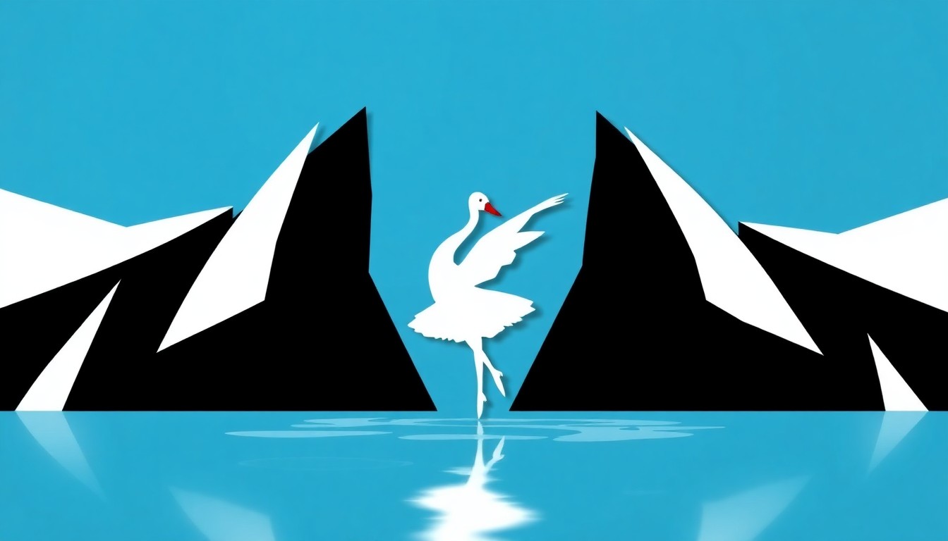 An abstract, minimalist illustration using bold, geometric shapes in shades of blue, white, and black to conceptually represent the graceful movements and dramatic narrative of the ballet 