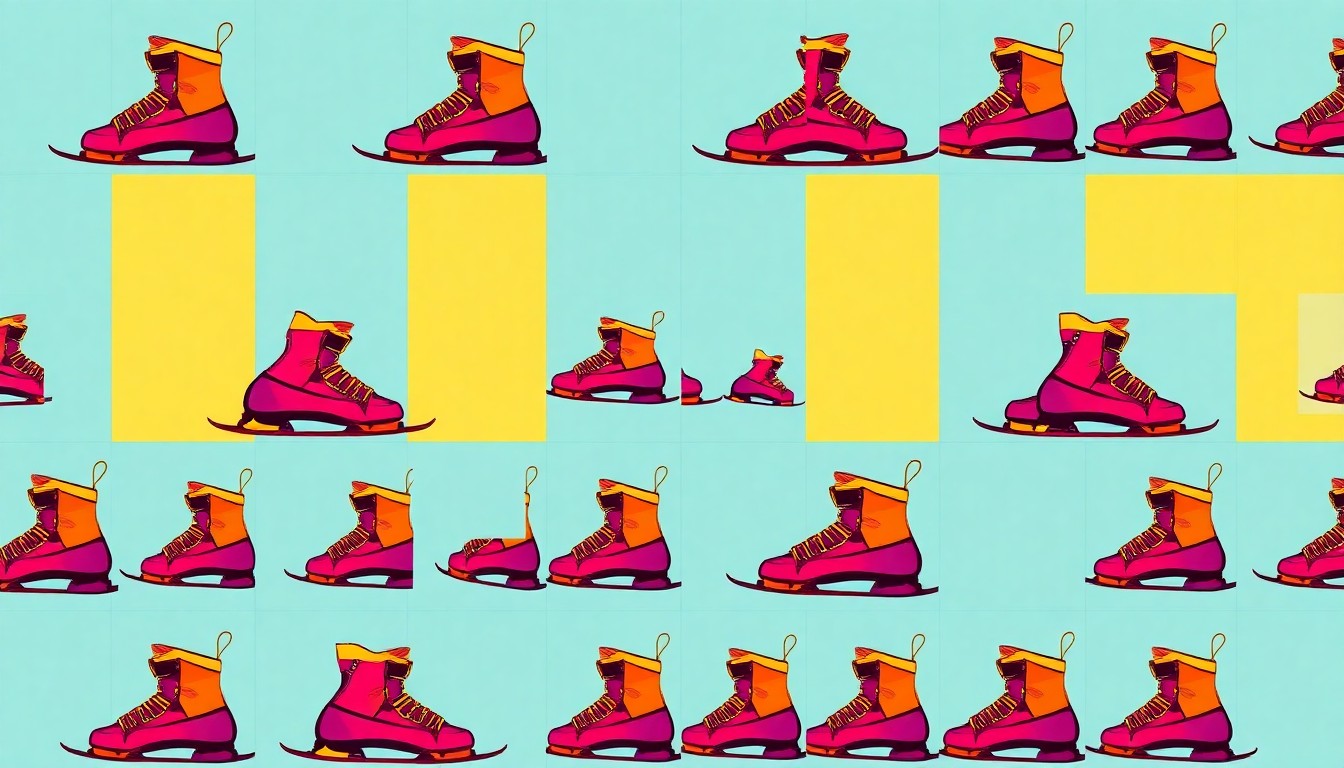 A brightly colored, high-contrast silkscreen print of a single, iconic ski boot repeated in a tight grid pattern, capturing the energy and style of Northstar Village's luxury ski accommodations.