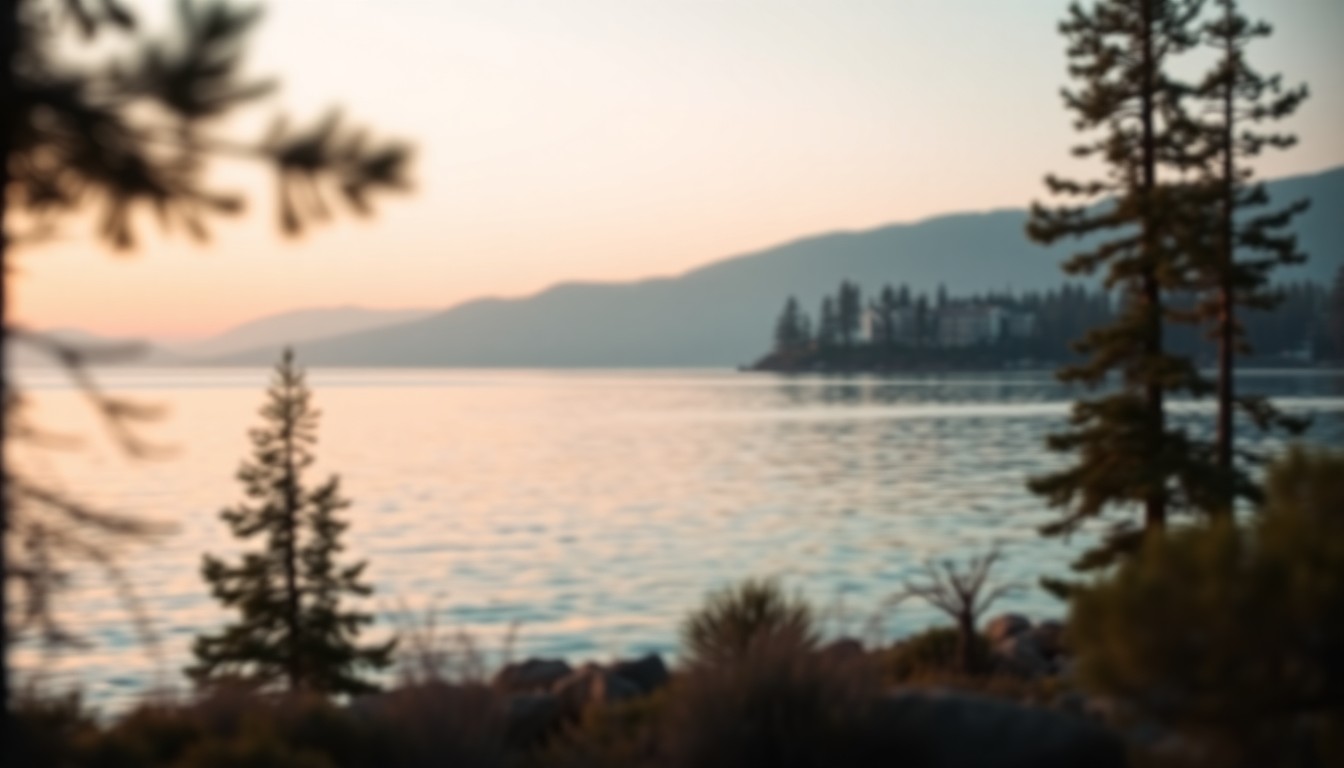 An abstract, out-of-focus photograph in warm, hazy tones depicting the tranquil shoreline of a lake, with the silhouettes of pine trees and the faint outline of a luxury home in the background.