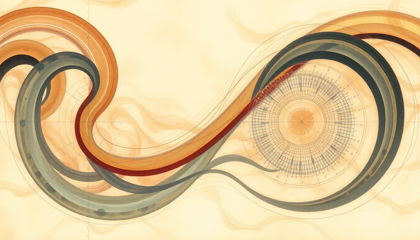 A bold, highly structured abstract painting in muted earth tones, featuring sweeping geometric arcs, intersecting waveforms, and precise botanical spirals, conceptually representing the complex interplay between human intelligence and the capabilities and limitations of artificial intelligence.