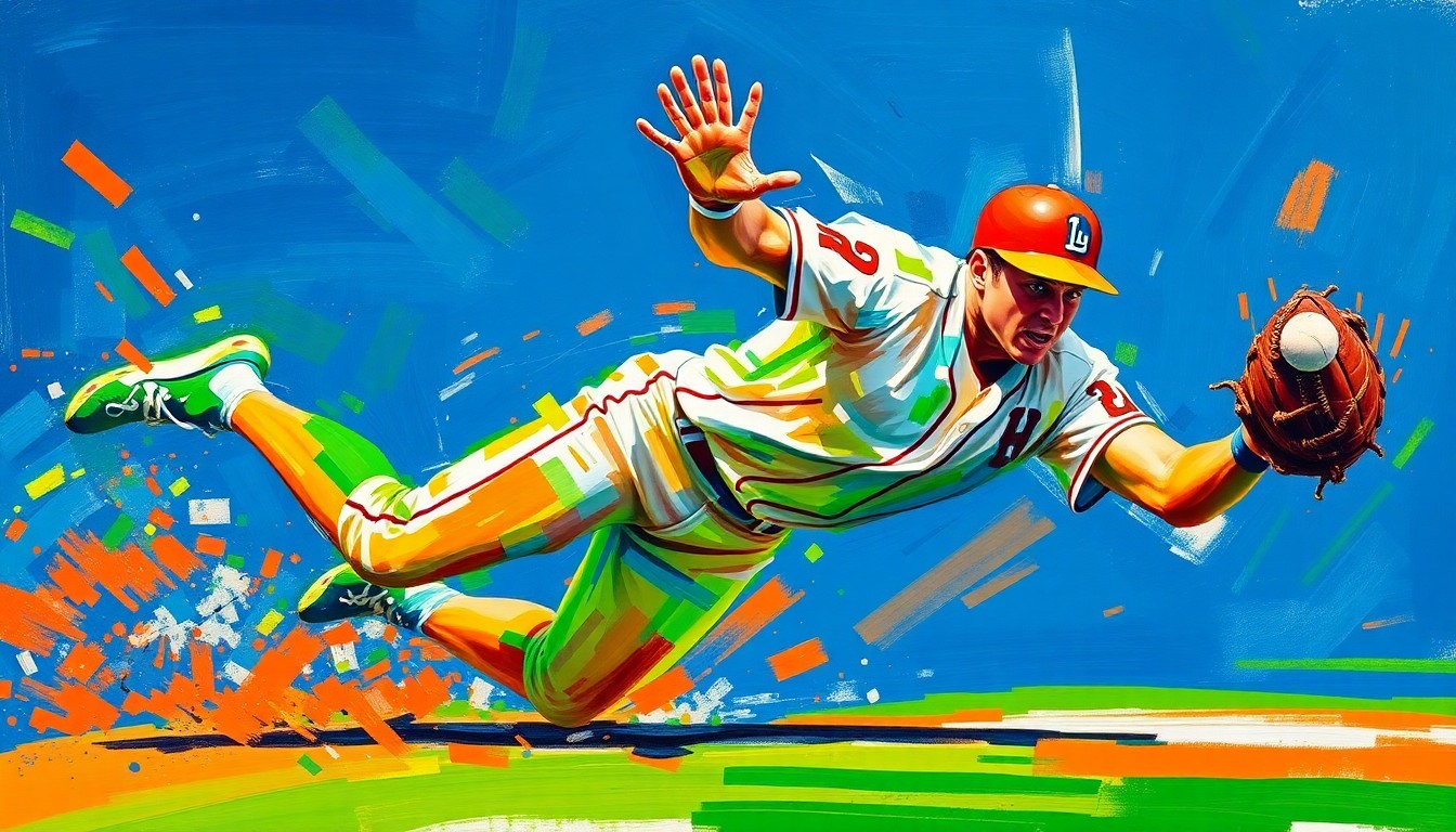 An abstract, impressionistic painting in vibrant neon colors, capturing the dynamic motion and energy of a baseball player diving to make a spectacular defensive play, their form dissolved into bold brushstrokes.