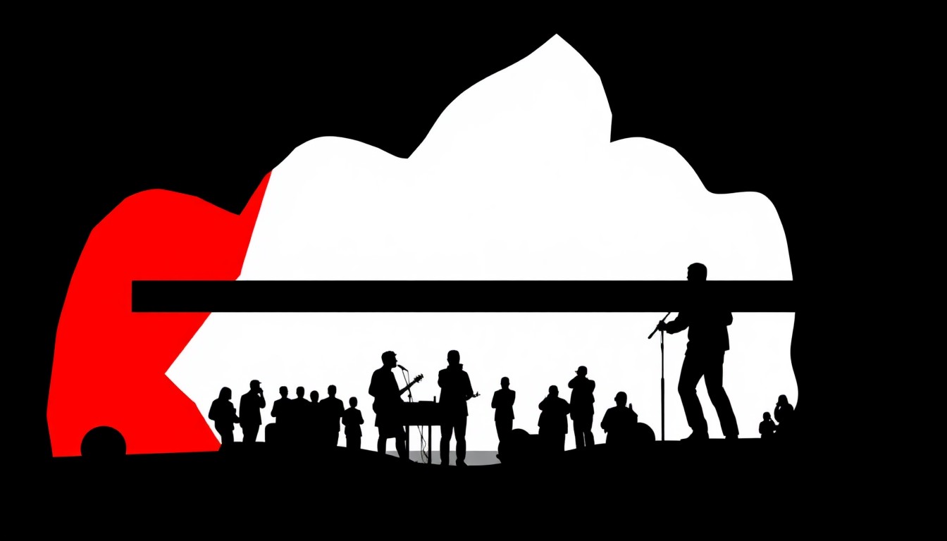 An abstract, minimalist illustration featuring bold, jagged geometric shapes in striking red and white, conceptually representing the sensory art and music festival at the Getty Center.